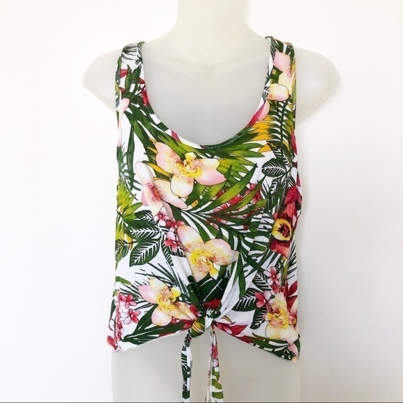 dELiA*s Tops - Delias Womens White Tropical Print Sleeveless Tie Up Detail Tank Top SIze XS-S
